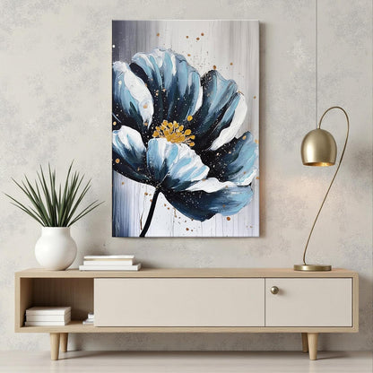 Wall Art Abstract Flower Stretched Canvas Painting Blue and Gold Floral Painting Abstract Paintings for Bedroom Office Wall Décor Hand Painted Canvas Art 3D Textured Floral 61x91 cm
