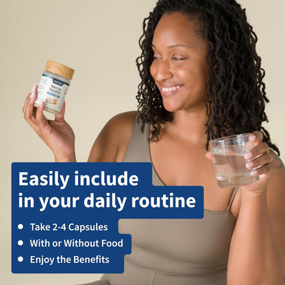 Woman holding a supplement container and glass of water with text on a beige background