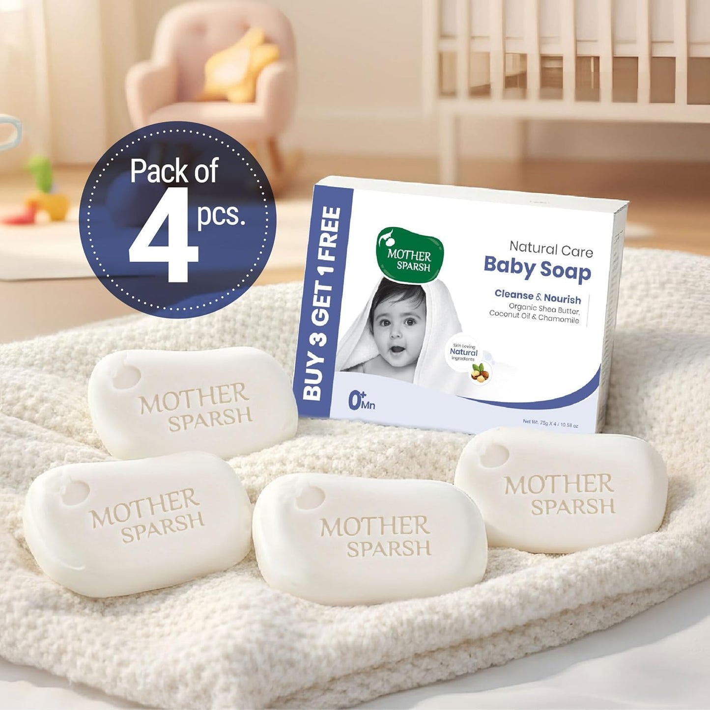 Mother Sparsh Natural Care Baby Soap-75g x 4 | Soap for Babies with Chamomile, Shea Butter & Coconut Oil | Gently Cleanses Baby's Skin