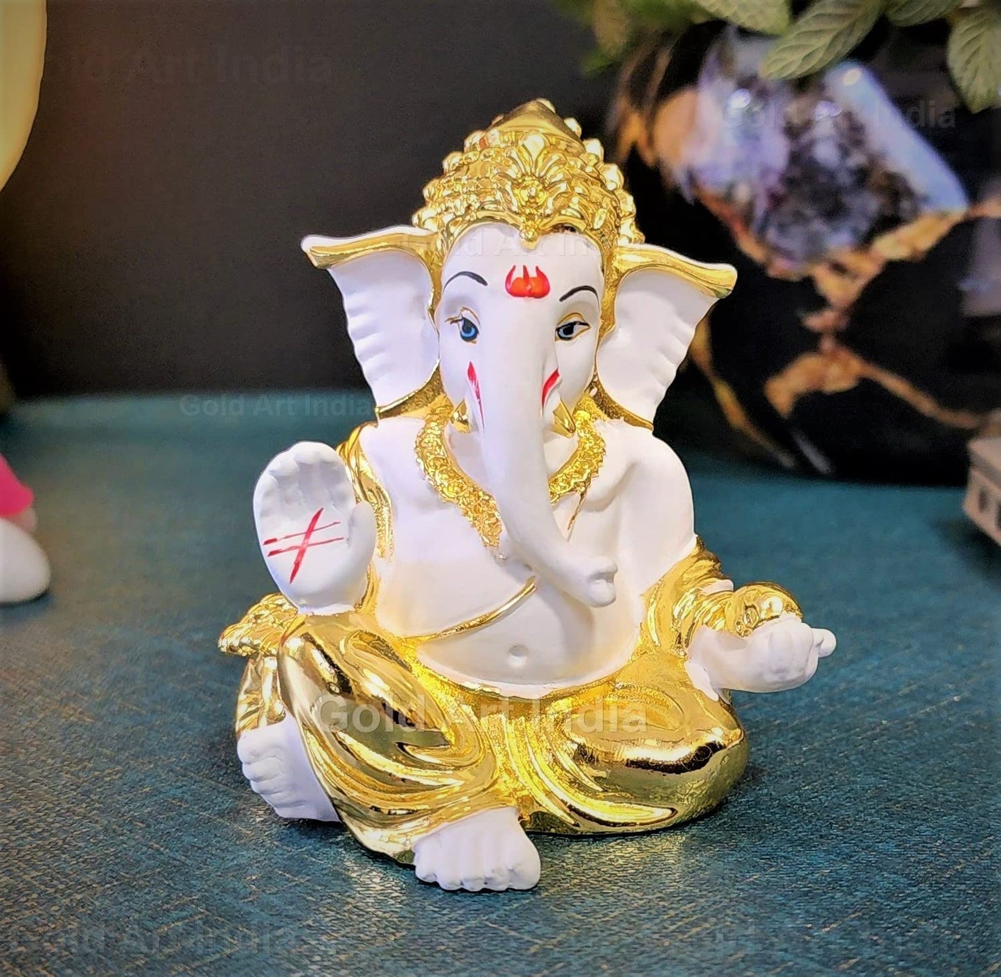 Gold Art India Gold Plated Gaddi Ganesha for Car Dashboard Home Decor Gifting Diwali Birthday Festivals (GAADDIGOLDWHITE)