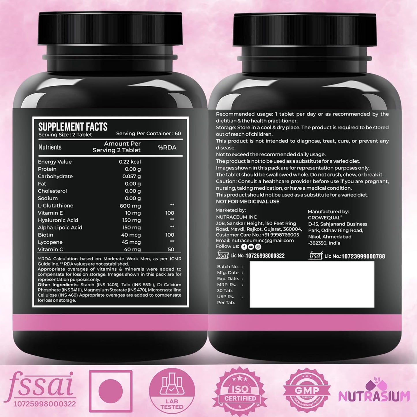 Nutrasium L-Glutathione 600 mg with Hyaluronic Acid & Biotin | For Skin Glow, Hydration, Even Skin tone & Skin Radiance | Reduce Pigmentation & Dark Spot | 60 Tablets