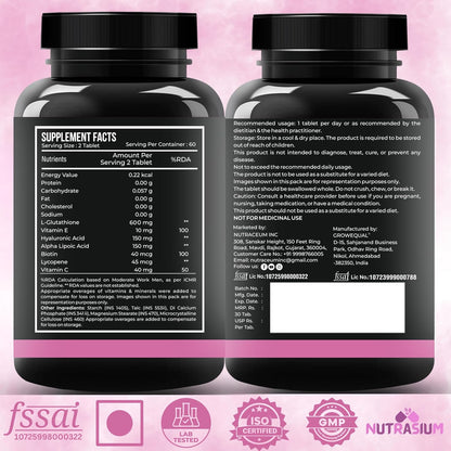 Nutrasium L-Glutathione 600 mg with Hyaluronic Acid & Biotin | For Skin Glow, Hydration, Even Skin tone & Skin Radiance | Reduce Pigmentation & Dark Spot | 60 Tablets