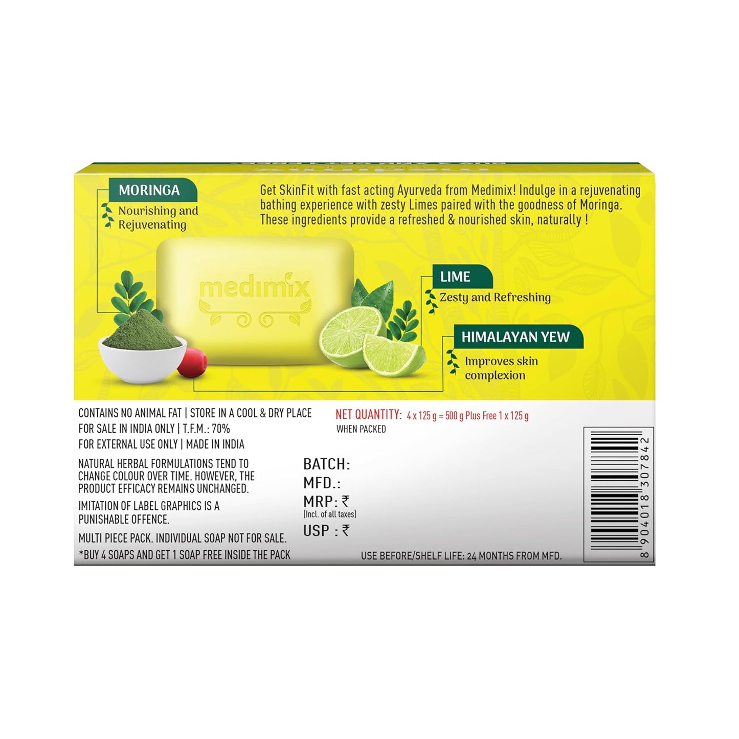 Medimix Ayurvedic Lime with Moringa Bathing Bar Soap 125g (Buy 4, Get 1 Extra Combo Pack) | Refreshed & Nourished Skin | Shop Herbal | Natural | Paraben-free & Sulphate-free | 100% Vegan