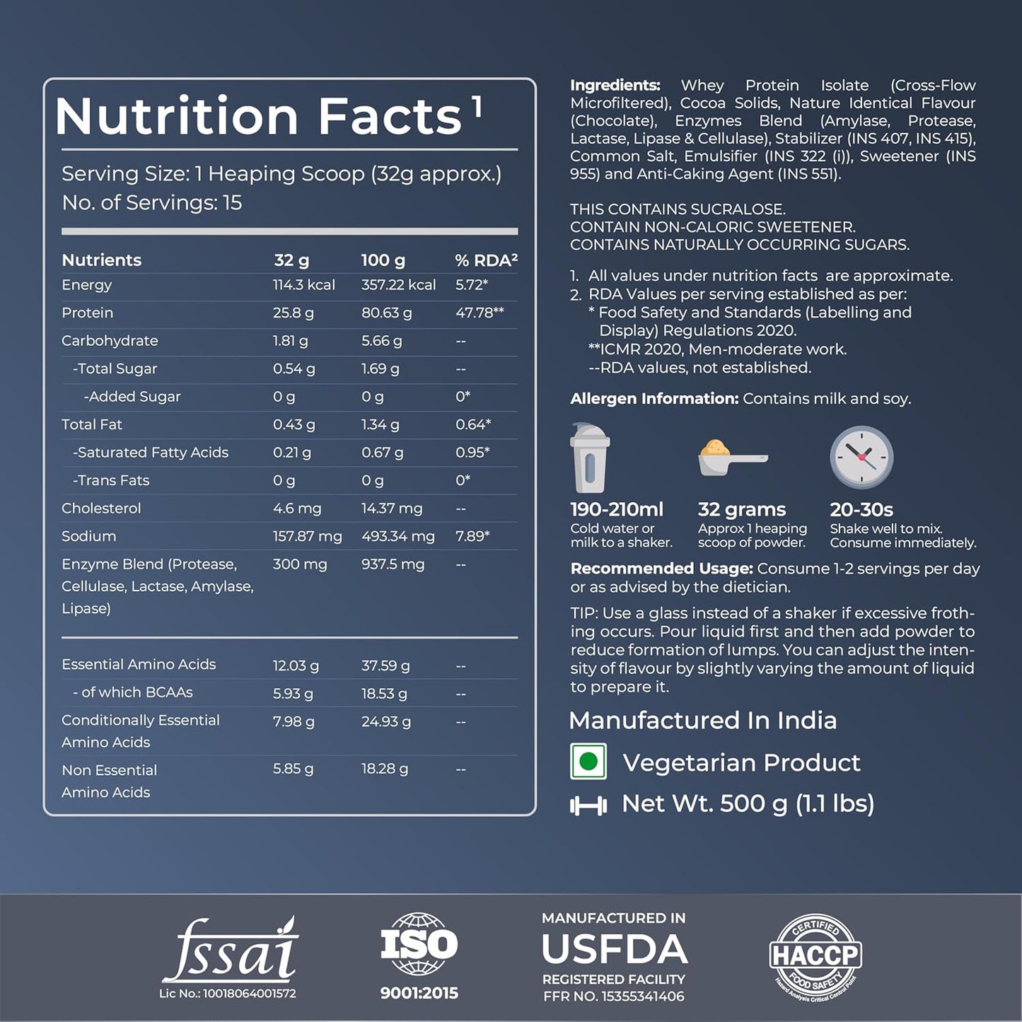Nutrition facts label for a protein supplement with various certifications at the bottom.