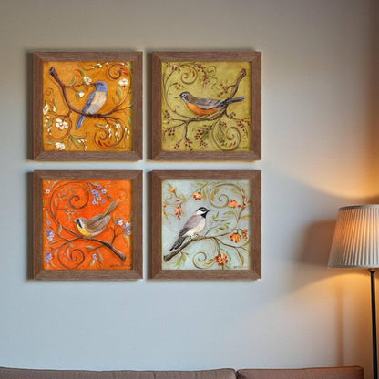 Multicolor Birds Wall Art Painting for living room, birds floral Framed painting, set of 4, 9x9 Inch