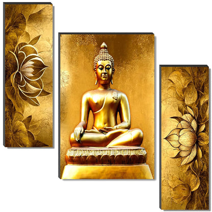 Golden Buddha & Lotus Wall Art – 3-Panel UV-Printed Spiritual Triptych | Ready-to-Hang Divine Meditation & Home Décor (20 Inch x 12 Inch) JM-35306