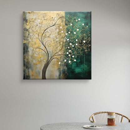 Abstract Tree Wall Art Canvas, Teal and Gold Botanical Painting, Modern Home Decor, 2-Tone Design 16 Inch x 16 Inch CVS-38116