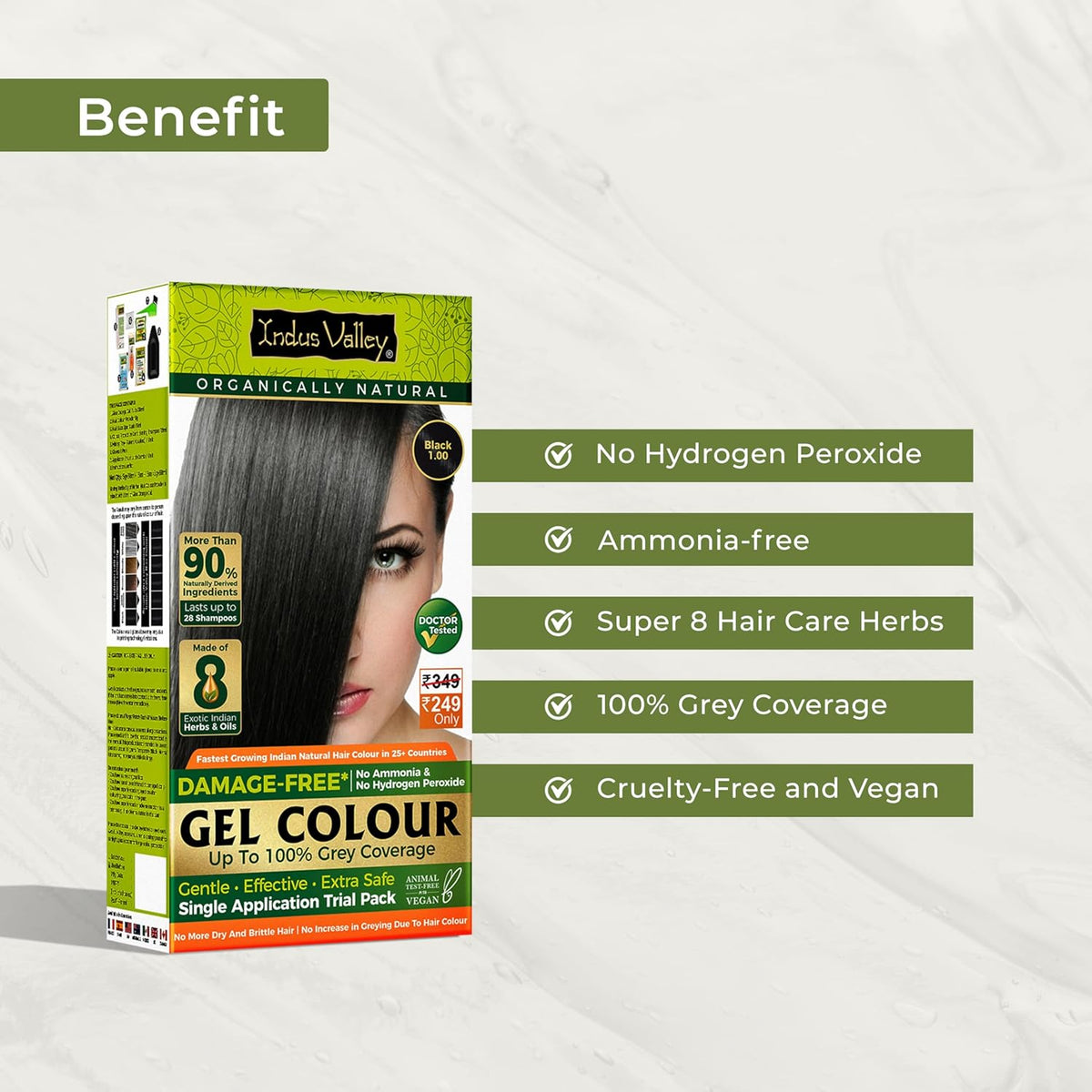 Indus Valley gel colour box with benefits listed on a white background