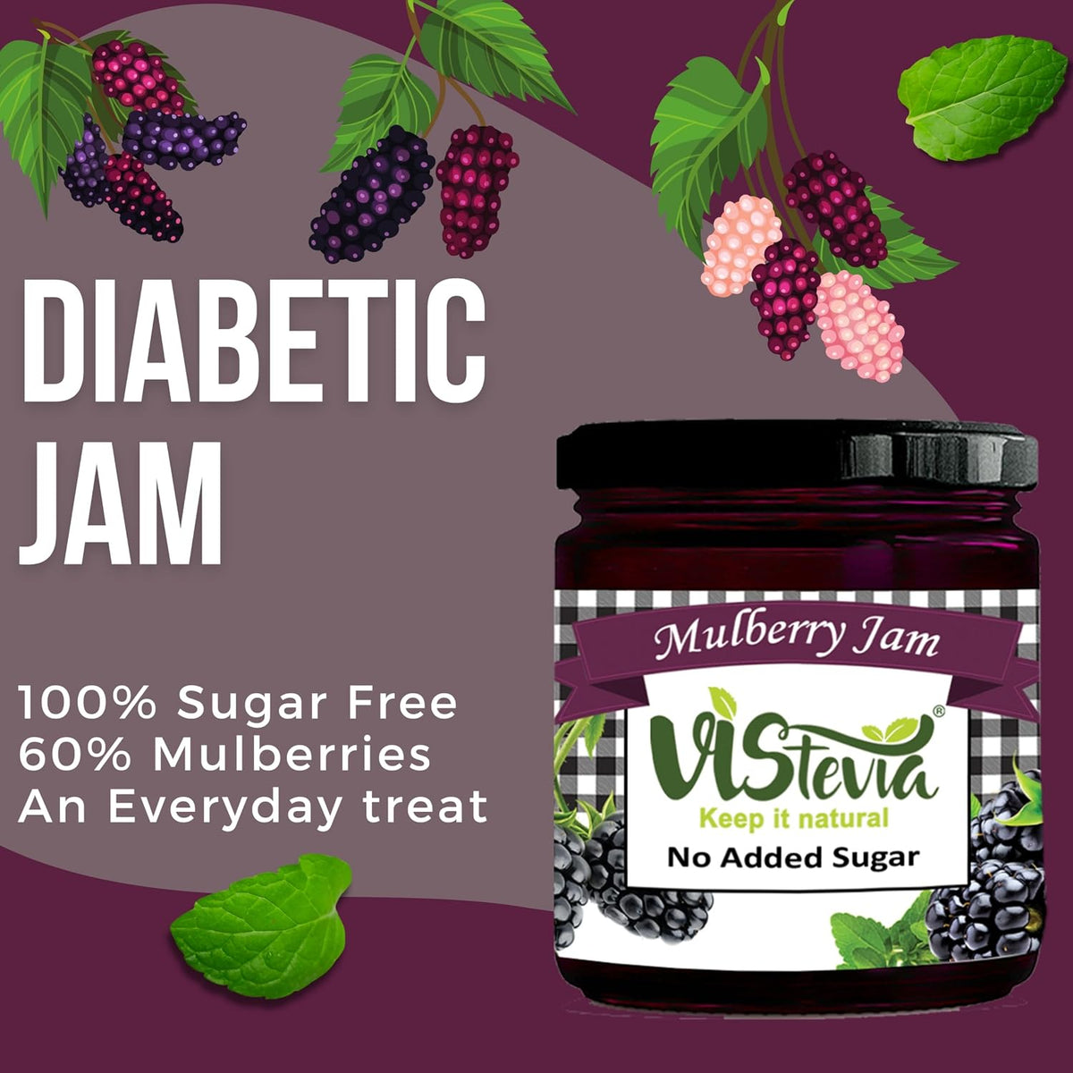 VIStevia Sugar Free Mulberry Jam (220 gm) | | Diabetic & Keto Friendly | Sweetened with Stevia and Erythritol | 100% natural | More than 60% whole berries | Tastes delicious…