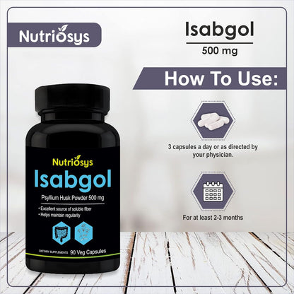 Nutriosys Isabgol 500mg Supplement | Supports Digestive Health | Helps Manage Glucose Levels | Natural Soluble Fiber | From Psyllium Husk | 90 Veg Capsules