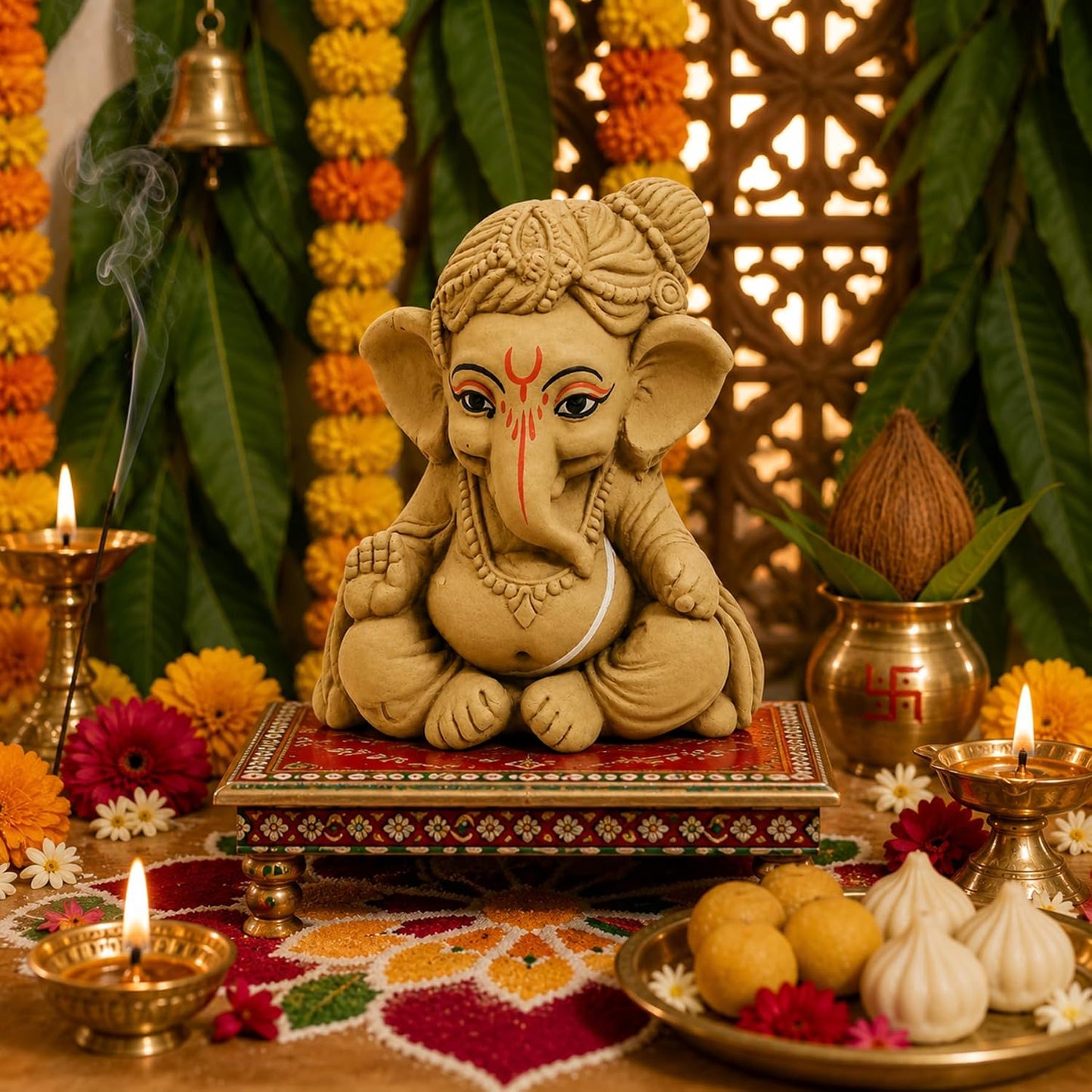SHOPMEFAST Clay Ganesh Idol, 4 Inches Height, Water Soluble Ganpati Murti for Ganpati Visarjan (Small) (Natural Brown - Bal Gopal)