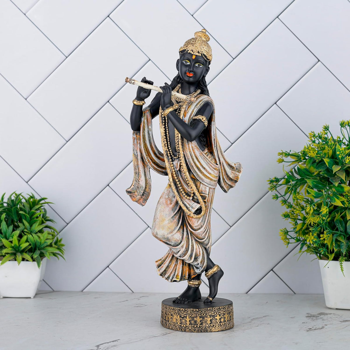 Krishna Idol Statue Showpiece for Pooja Home Decor Items for Living Room and Gifts (Black Antique Orange)