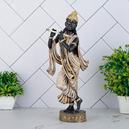 Krishna Idol Statue Showpiece for Pooja Home Decor Items for Living Room and Gifts (Black Antique Orange)