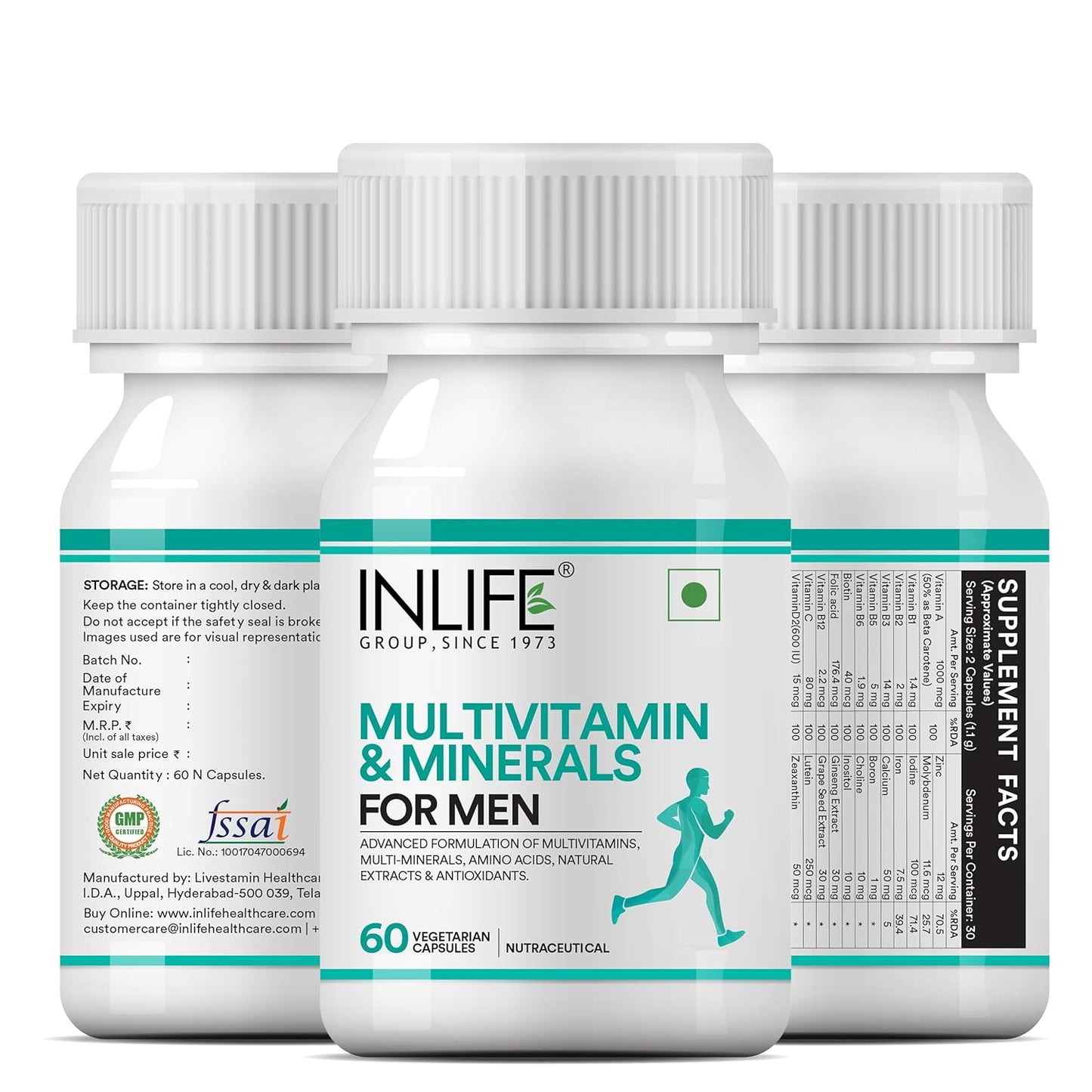 INLIFE Multivitamin for Men with Biotin Ginseng Ashwagandha Zinc Magnesium Vitamin D3 B12 & Minerals Amino Acids Antioxidants Daily Formula Supplement - 60 Capsules (Pack of 1, 60)