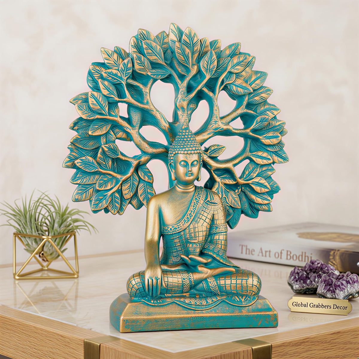 Global Grabbers Buddha Statue Showpiece Idol Home Decor Decoration Items for Living Room and Gifts (Antique Golden Blue)
