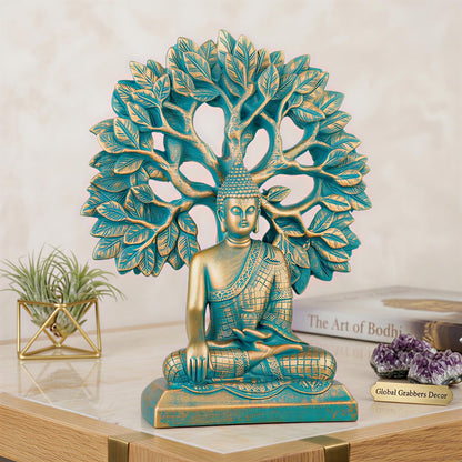 Global Grabbers Buddha Statue Showpiece Idol Home Decor Decoration Items for Living Room and Gifts (Antique Golden Blue)