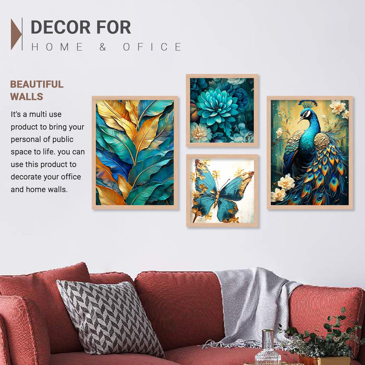 Wood Premium Digital Paintings With Frame For Home Decoration - Painting For Living Room Bedroom Office - Pack Of 4 (G)