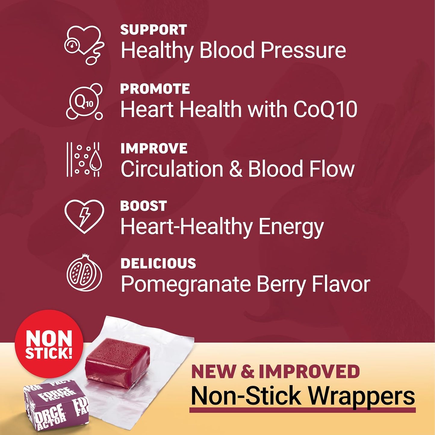 Product packaging with health benefits listed on a red background