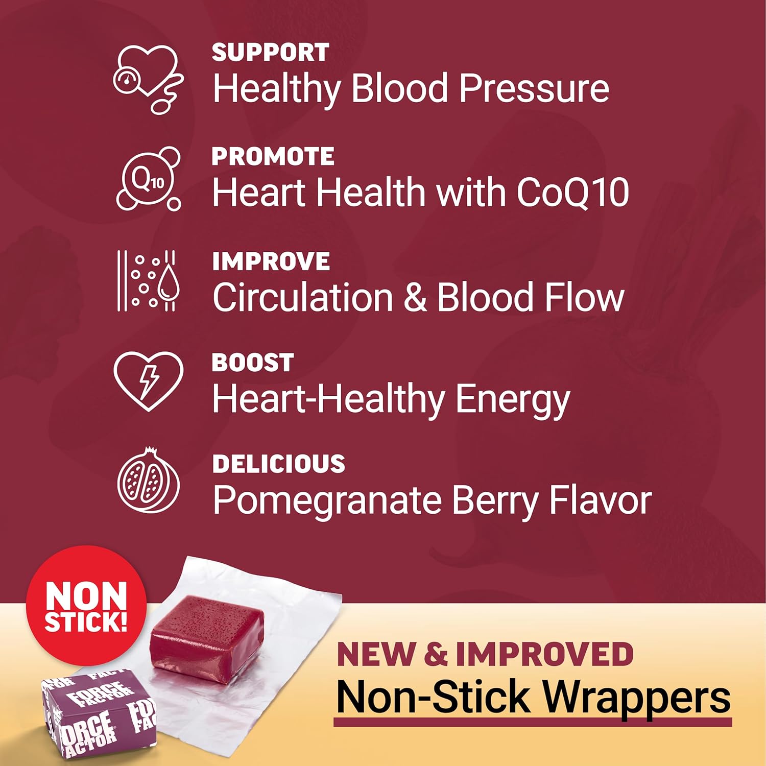 Product packaging with health benefits listed on a red background
