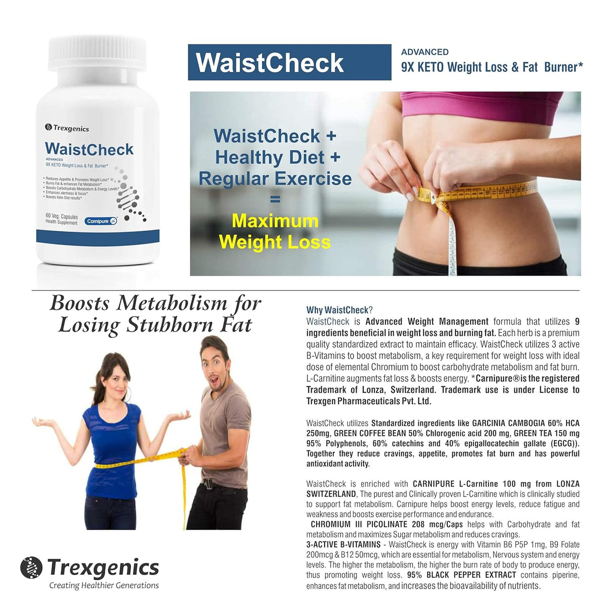 Advertisement for WaistCheck weight loss supplement with text and images of people measuring waistlines.