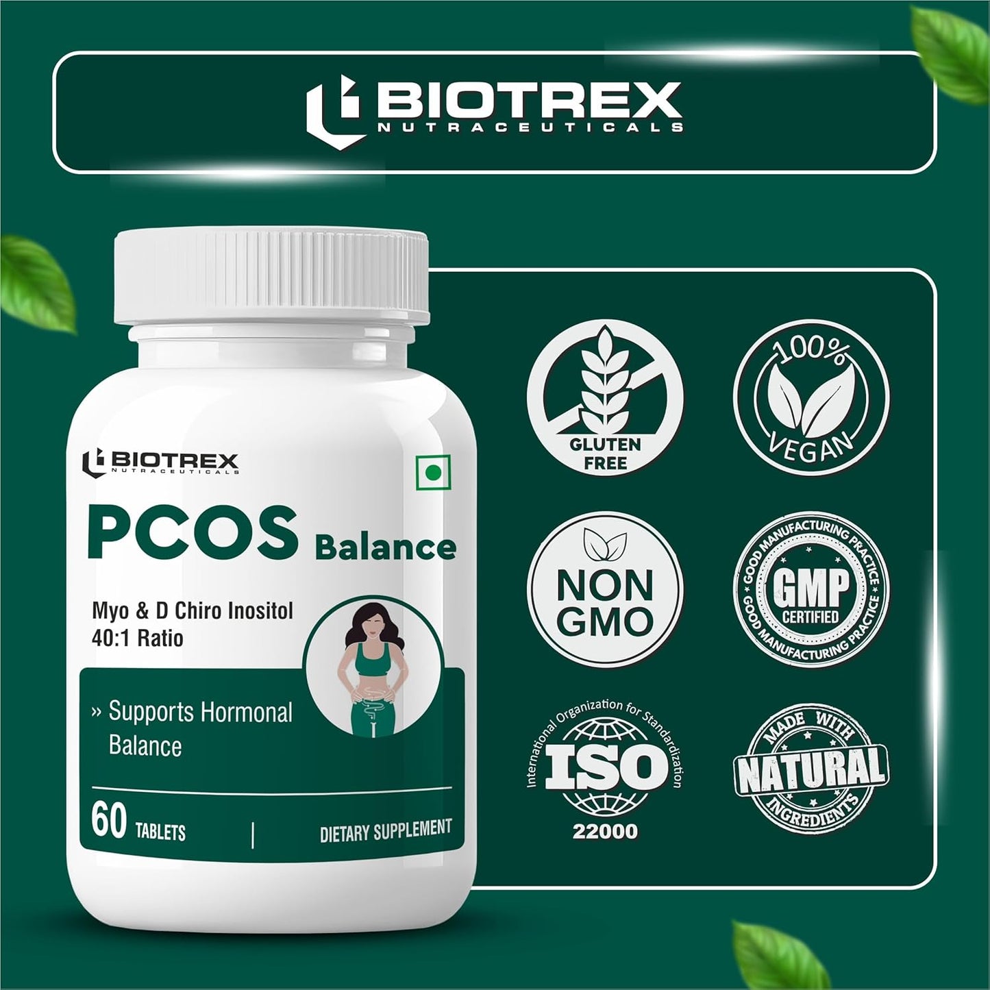 Biotrex Nutraceuticals PCOS Supplement for women with 40:1 Ratio, High Purity Pharma Grade Ingredients | 2000mg Myo Inositol to 50mg D Chiro Inositol | Ovarian Support | Normalize Cycle | 60 Vegetarian Tablets