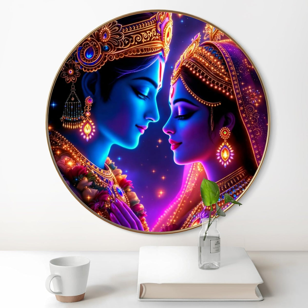 Radha Krishna Round Art Print with Golden Frame | Neon Glow HD Divine Art Print for Pooja Room Living Room Temple Décor 16 Inch x 16 Inch