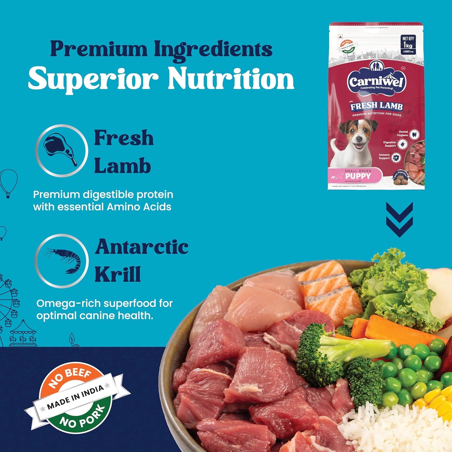 Carniwel Fresh Lamb Puppy Dry Dog Food 1 Kg | Natural Ingredients for Healthy Muscle & Bone | Highly Palatable | Boosts Skin & Coat Health | Premium Nutrition Tailored for Small Dogs