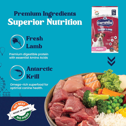 Carniwel Fresh Lamb Puppy Dry Dog Food 1 Kg | Natural Ingredients for Healthy Muscle & Bone | Highly Palatable | Boosts Skin & Coat Health | Premium Nutrition Tailored for Small Dogs