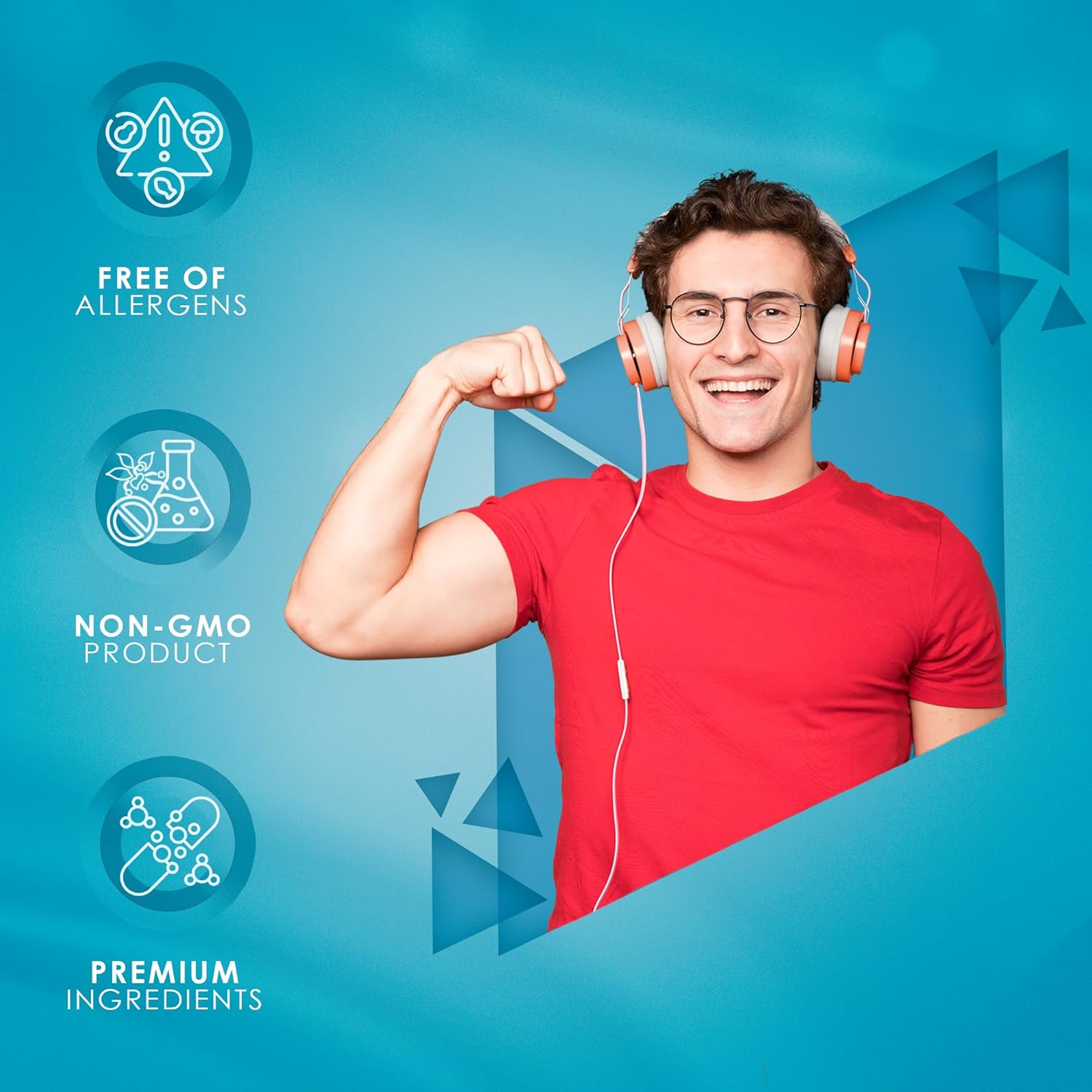 Man wearing headphones with product features on a blue background