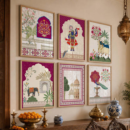 Indian Traditional Madhubani & Pichwai Wall Art | Framed Paintings for Living Room, Bedroom & Office Decor | Set of 6, 10x13 Inch