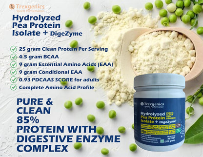 Trexegenics Hydrolyzed Pea Protein Isolate + DigeZyme with protein powder and peas on a light background