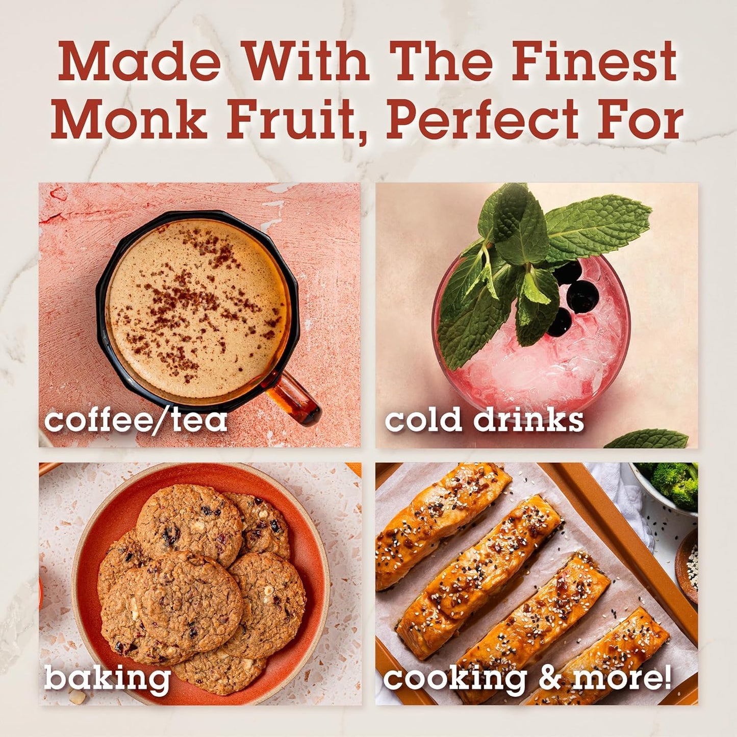Promotional image for monk fruit with examples of its uses in coffee, tea, baking, and cooking.