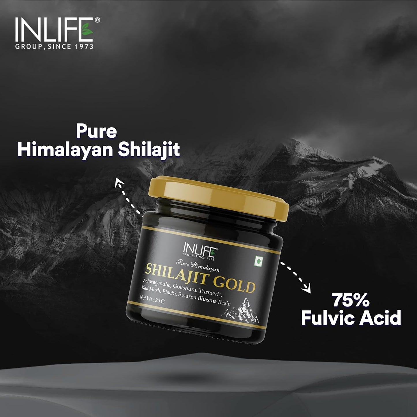 INLIFE Shilajit Gold 20g | Original Himalayan Shilajit Resin with Ashwagandha, Tribulus, Turmeric, Kali Musli for Strength, Endurance & Stamina | 75% Fulvic Acid | Lab Tested Ayurvedic Supplement