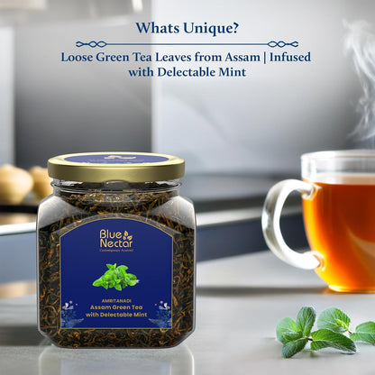 Blue Nectar Green Tea Leaves with Delectable Mint Flavor | Refreshing All Occasion Tea | Air-Tight Glass Jar with Free Tea Infuser (65g)