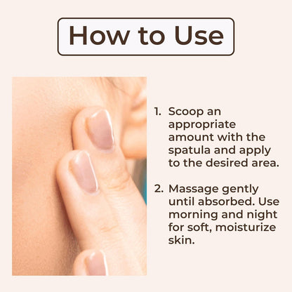 Instructions on how to use a skincare product with a close-up of skin and text.