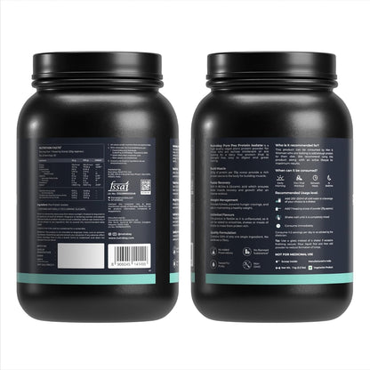 Two black protein powder containers with labels on a white background