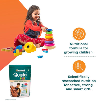 Child playing with colorful toys next to a Quista Kid's supplement container, with text about nutritional benefits for children.