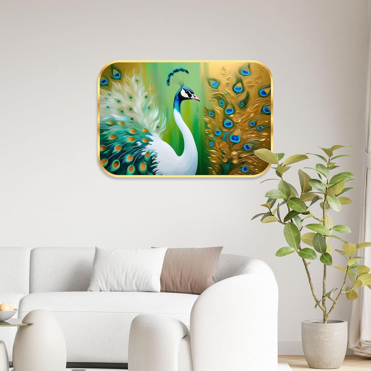 beautiful peacock modern art Premium Sparkle Lamination Finished Surface Golden Slim Frame 35 cm x 28 cm Large Size, For Home/Office/Hotel painting KG57
