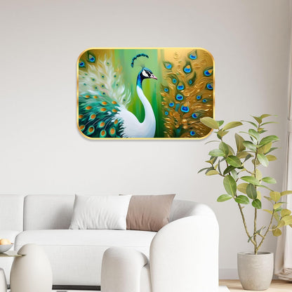 beautiful peacock modern art Premium Sparkle Lamination Finished Surface Golden Slim Frame 35 cm x 28 cm Large Size, For Home/Office/Hotel painting KG57