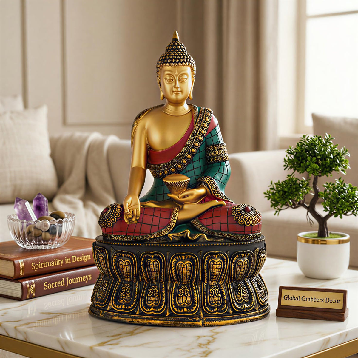 Buddha Statue Showpiece Idol Home Decor Items for Living Room and Gifts (Golden RED Blue)