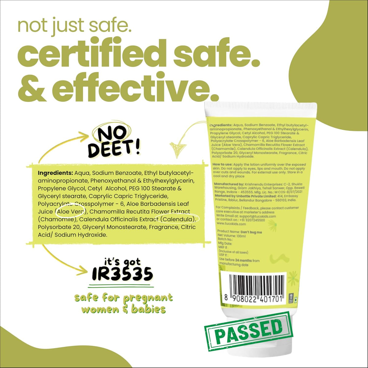 Product packaging with certification and safety information on a white background
