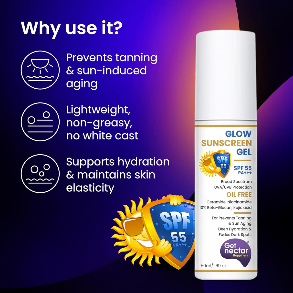 Sunscreen gel with SPF 55 on a dark background