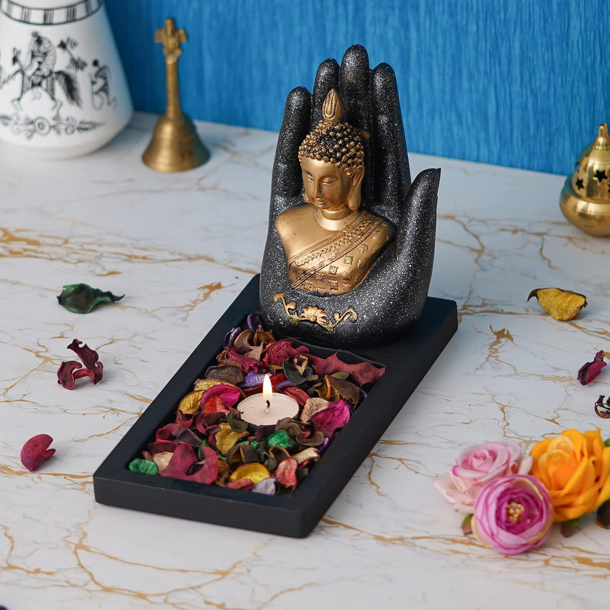 eCraftIndia Grey Golden Resin Palm Buddha Idol Tea Light Candle Holder| Lord Buddha Statue Tea Light Holder| Diwali Decoration Items for Home Decor| Buddha Showpiece Gift for Diwali Housewarming