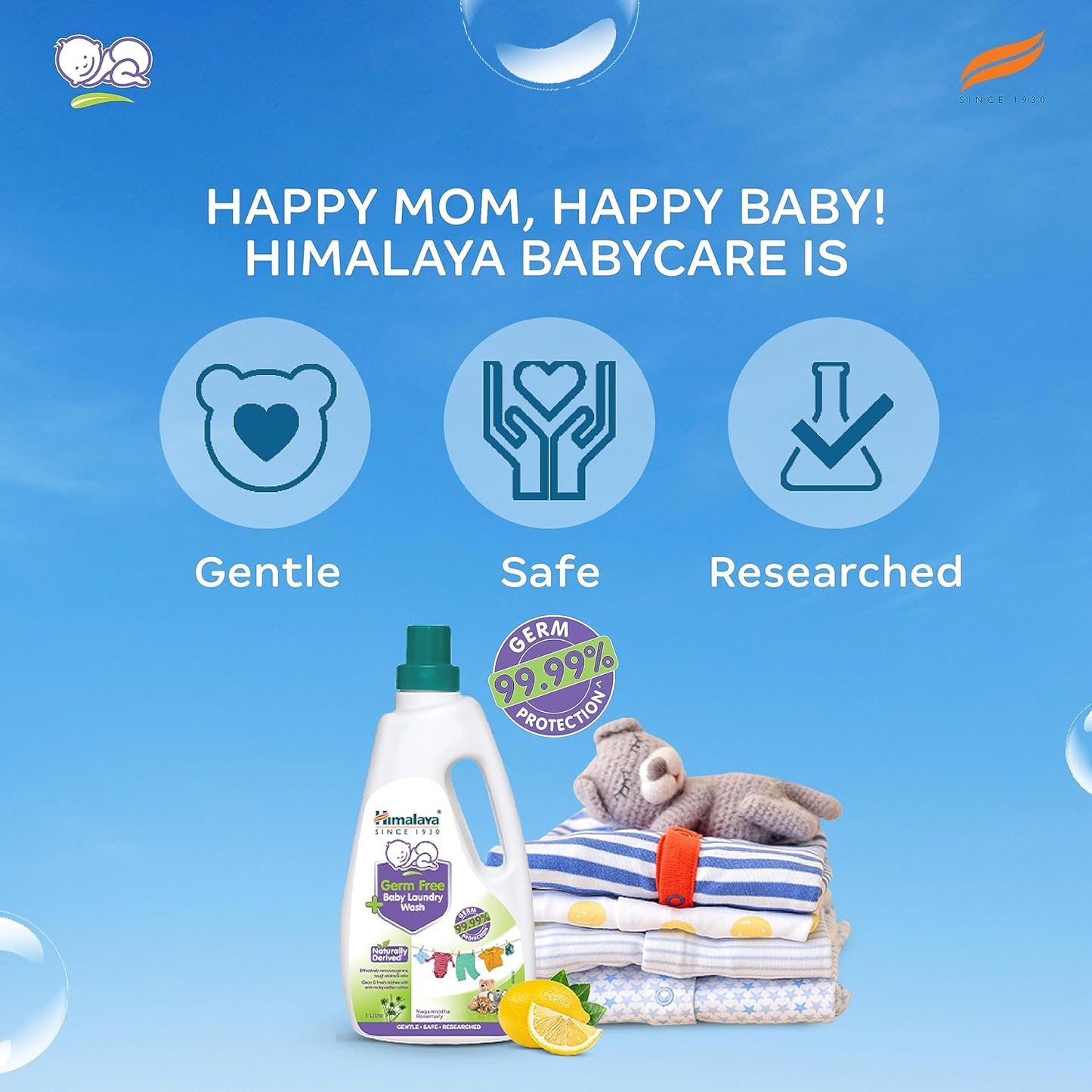 Himalaya Babycare product with text 'Happy Mom, Happy Baby!' on a blue background with bubbles.