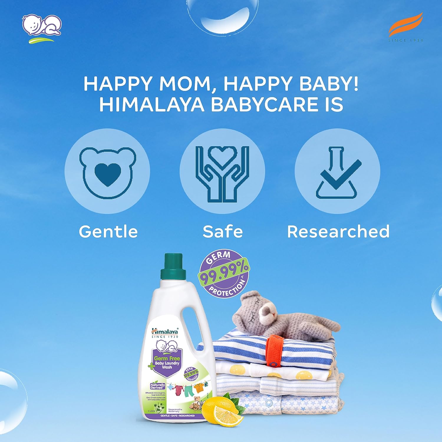 Himalaya Babycare product with text 'Happy Mom, Happy Baby!' on a blue background with bubbles.