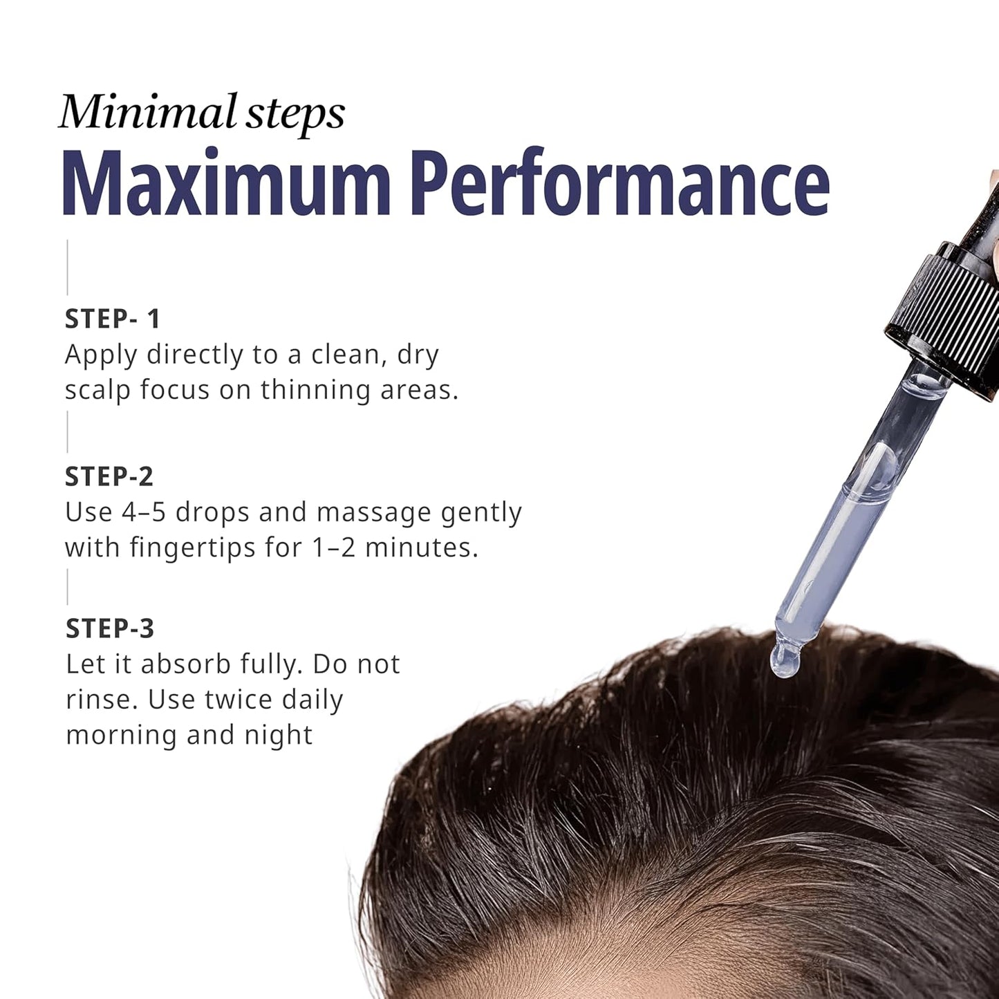 Hair care product application with text on minimal steps for maximum performance.