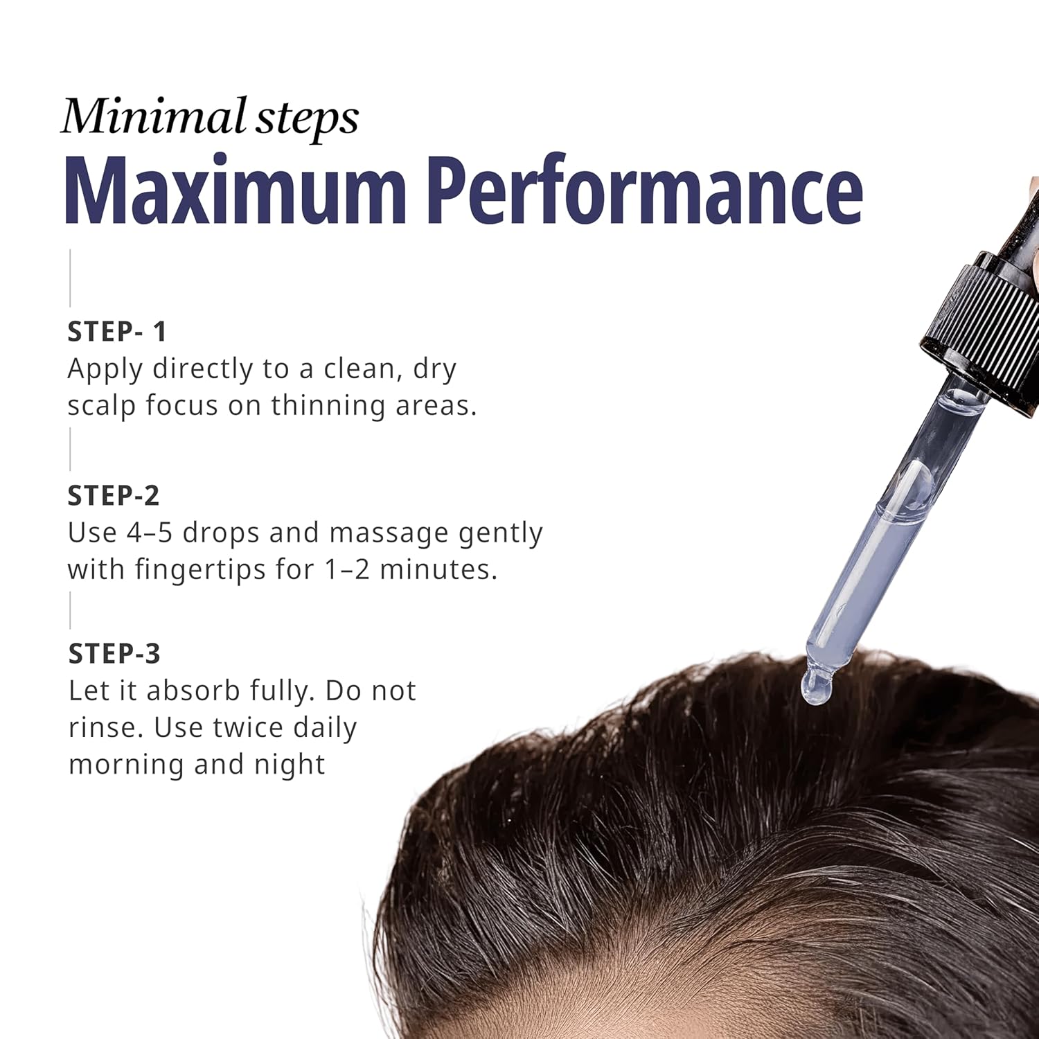 Hair care product application with text on minimal steps for maximum performance.