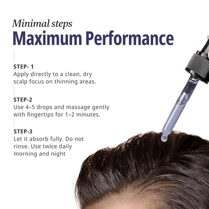 Hair care product application with text on minimal steps for maximum performance.
