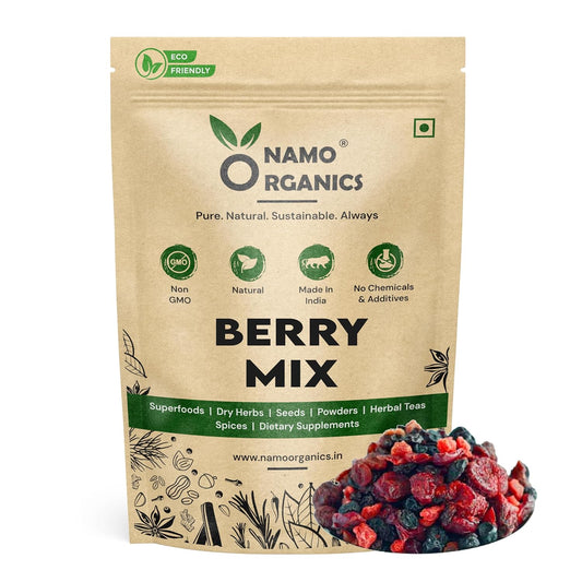 Namo Organics - Super Berry Mix - 500 Gm - without added sugar Healhy Dried Mixed Berries | 5+ Berry Dry Fruits like Cranberries, Blueberries, Strawberries, Goji Berries, Black current