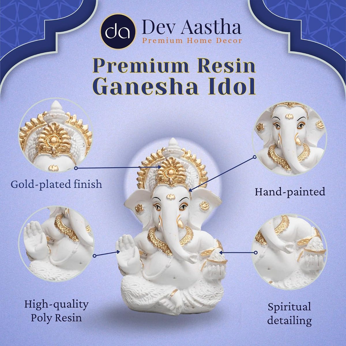 Lord Ganesha Idol for Car Dashboard, Home Decor & Pooja | Resin Gold Plated Ganpati Murti | 3.5 Inch Ganesh Statue for Gift, Diwali, Housewarming, Baby Shower, Mandir Decor, White, Pack -1